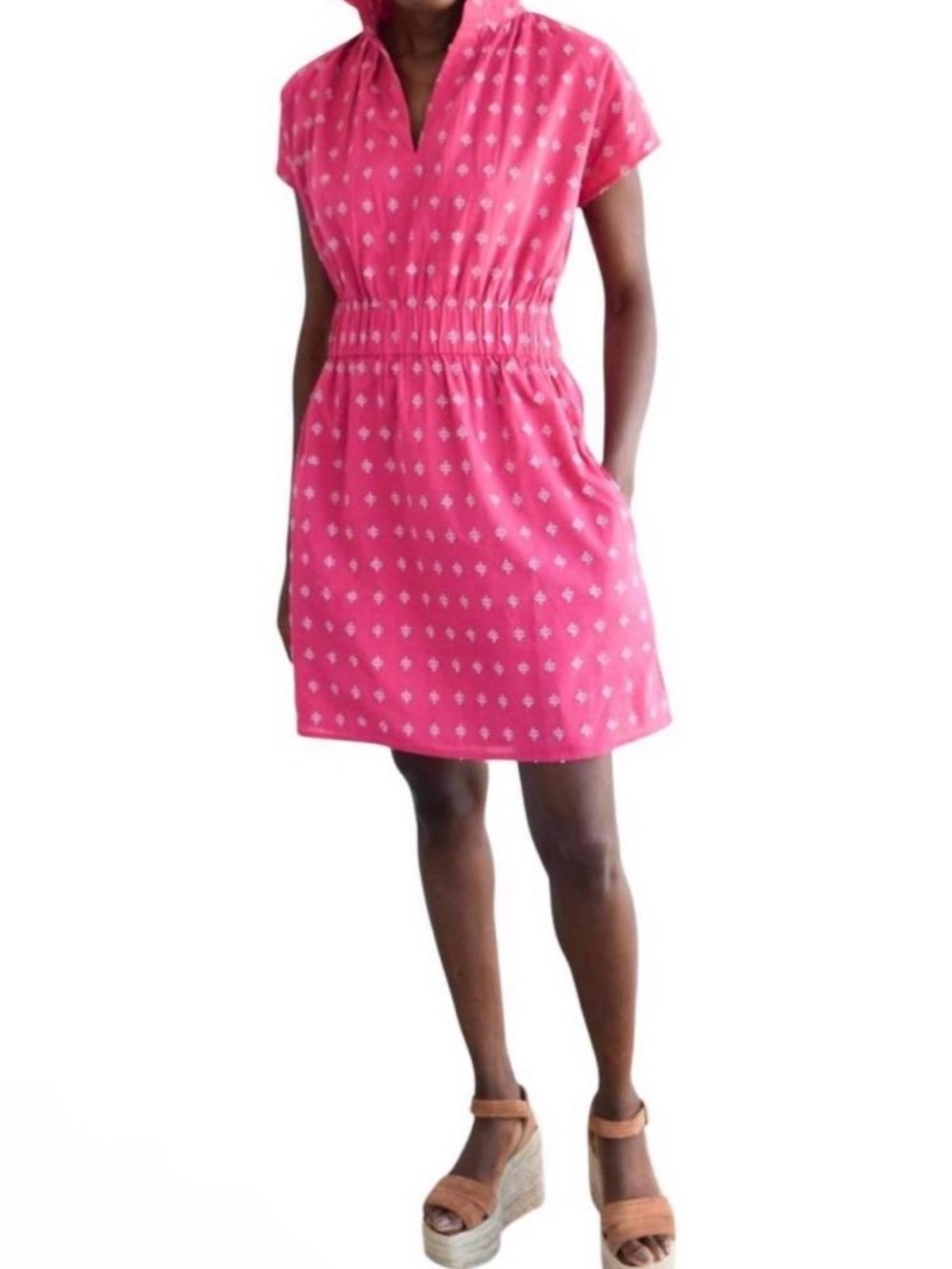 Never a Wallflower Vicki cinch waist dress in pink crosshatch embroidery